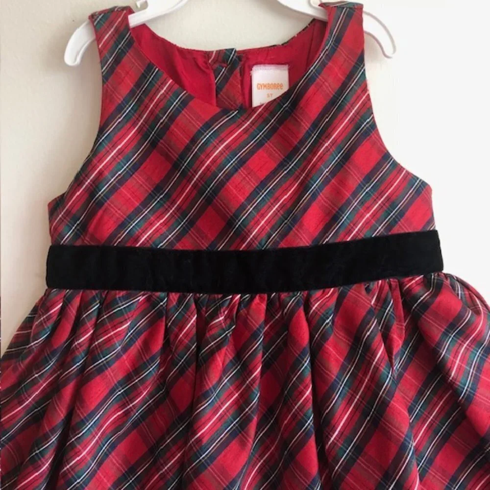 GYMBOREE Red Tartan Plaid Sleeveless Black Velvet Bow Dress 5T